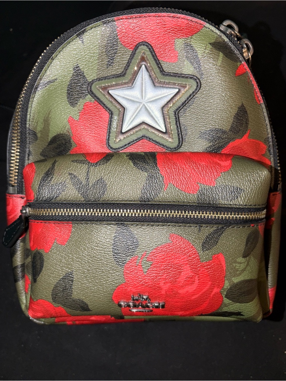 Coach Olive Green & Red Floral Mini Backpack